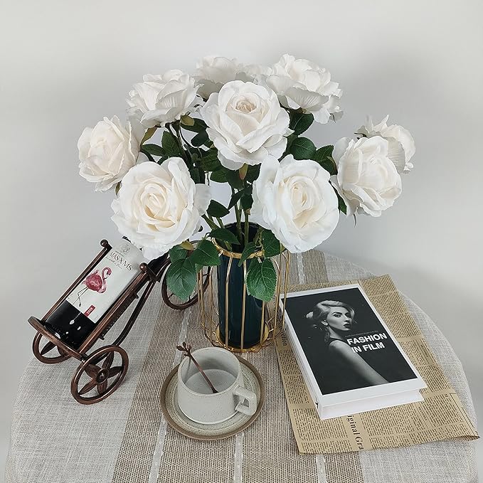 ATFL Fake White Roses Artificial Flowers Bulk,Floral Diameter 4'',20 Pcs Artificial Silk Roses Flowers with Stems for Wedding Arrangement Centerpieces Party Home Table Decorations (20, White)