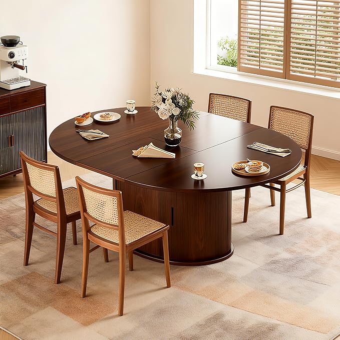 Extendable Round Dining Table for 2-4-6, 63 Inch Dining Room Kitchen Table with 2-Tier Storage Shelf, Modern Farmhouse Fluted Wood Slide Door Dinner Furniture,Oval Circle(Walnut-63 Inch)