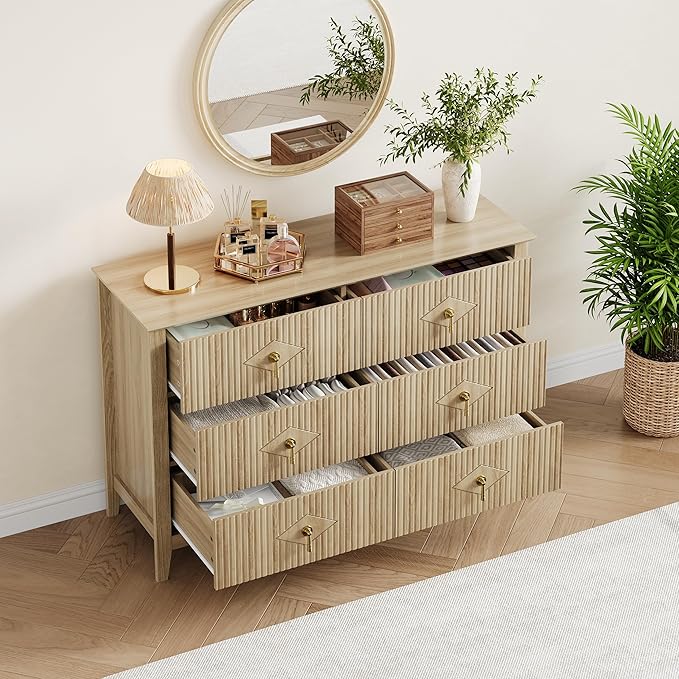 GarveeHome Fluted Dresser for Bedroom, 47.2 Inch Wide 6-Drawer Wood Dresser, Modern Chest of Drawers, Storage Organizer Cabinet for Living Room, Hallway, Entryway, Natural Oak