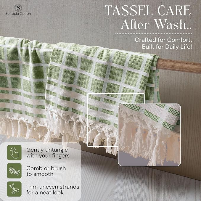 Matrix Dobby Kitchen Towels 12 Pack 100% Cotton, 16x26 Inches, Fast Drying, Absorbent Dish Towels with Handmade Tassels, Reusable Cleaning Cloths for Daily Use - Mint Green, White
