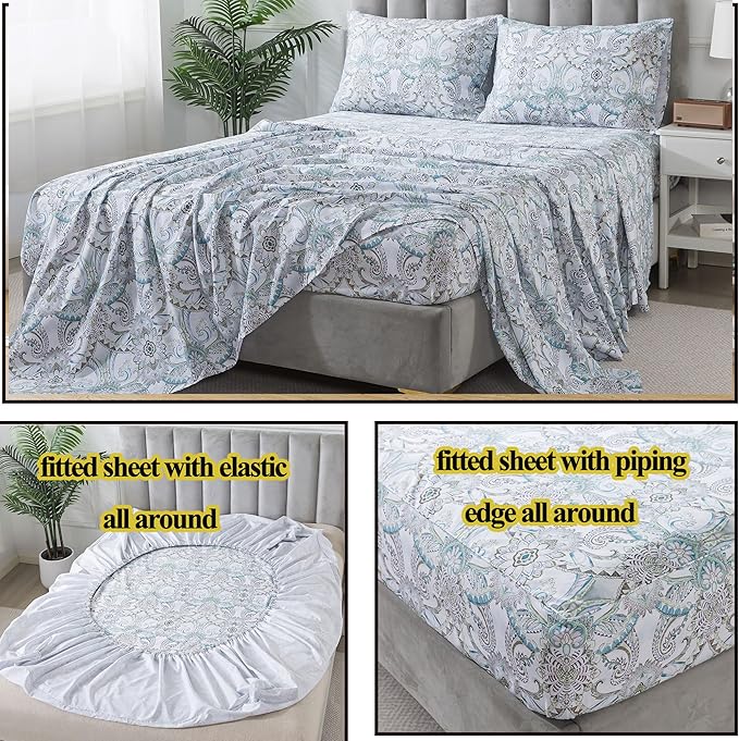 FADFAY Blue Paisley Sheets Set Cal King Boho Paisley Bedding Bohemian Damask Paisley Bed Sheet Breathable 100% Egyptian Cotton 800 Thread Count Deep Pocket Fitted Sheet 4Pcs, California King Size
