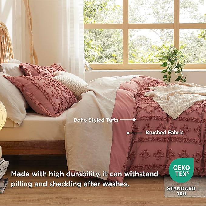 Bedsure Boho Duvet Cover Queen Size, Soft & Comfortable Elegant Design Boho Bedding for Decoration, Machine Washable Comforter Cover for All Seasons,Includes 1 Duvet Cover & 2 Pillow Shams,Pink