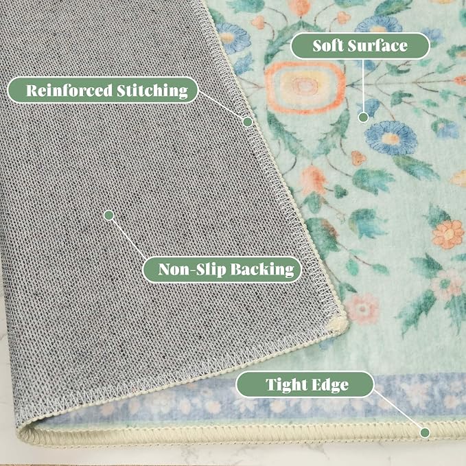 MUJOO 5x7 Area Rugs Washable,Green Floral Rugs for Living Room Bedroom Dining Room Playroom,Boho Indoor Floor Rug Large Non Slip Throw Carpet Low Pile Vintage