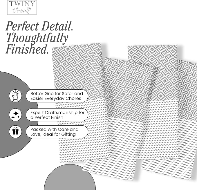TWINY threads Dish Towel Diamond Weave, Premium 100% Cotton Kitchen Linen Set, Large Dish Rags and Wash Rags, Absorbent Quick Drying, Washable Reusable Dishcloth Set, 4 Pack, 18"x26", Light Grey