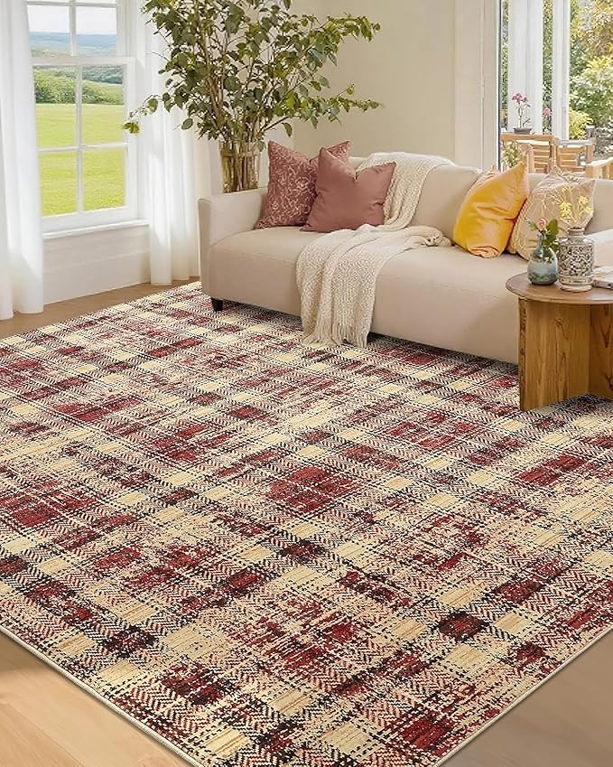 Washable Rugs 5x7 Rug for Living Room Bedroom Rug Modern Plaid Area Rug Soft Carpet 5'x7' Red