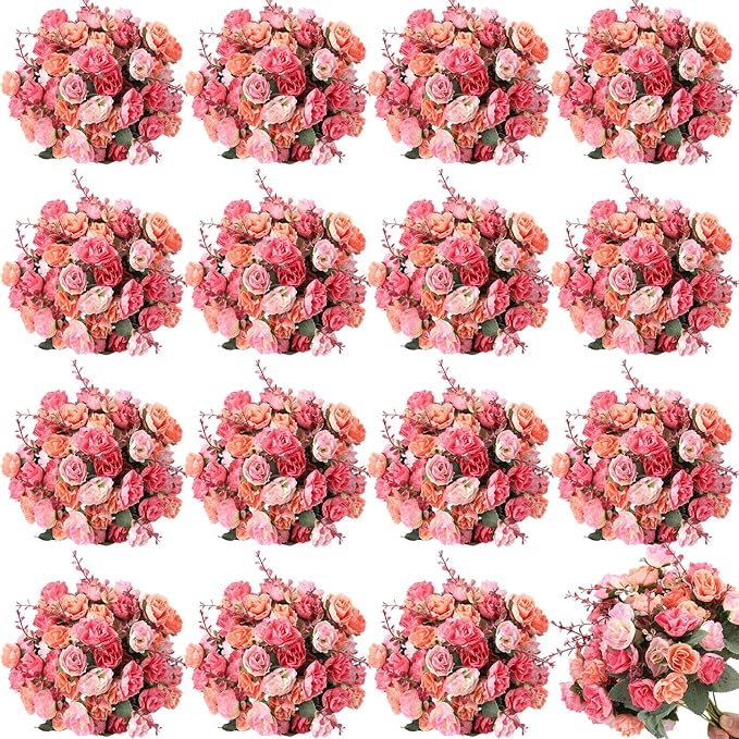 Geosar 16 Pcs Rose Artificial Flowers Fake Flowers Bouquet 21 Heads Silk Faux Floral Bundles with Stem for Home Bridal Wedding Arrangements Table Centerpieces Party Decor (Pink)