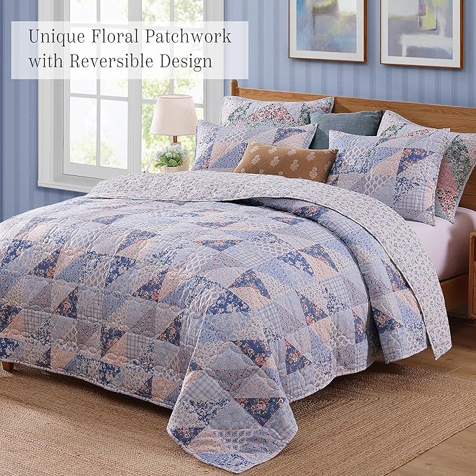 Quilt Set Queen Size, Patchwork Blue Pink Marigold Floral Quilt Sets, Reversible Bedspread Lightweight and Breathable for All Seasons, Soft Quilted Bedspread with 2 Pillow Shams
