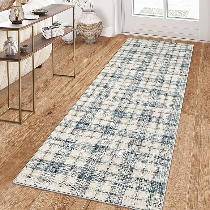 Washable Rugs Runner Rug 2x6 Modern Plaid Area Rug Soft Carpet 2'x6' Green/Beige