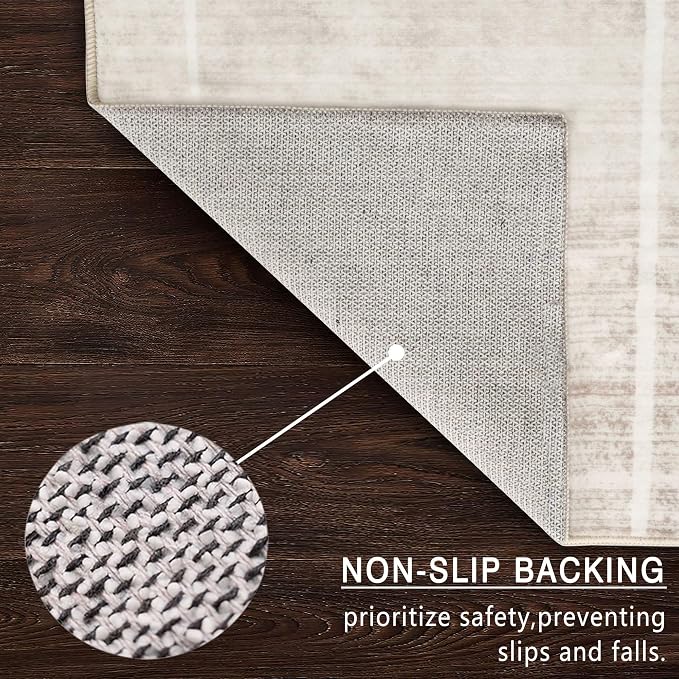 5x7 Area Rugs - Ultra-Thin Washable Rug with Non-Slip Backing, Ideal for Living Room, Bedroom, Kitchen Floor Carpet - Modern Neutral Style, Easy Clean, Durable, Low Pile Rug, Ivory Stripe