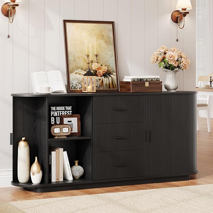 ONBRILL 63" Fluted Sideboard Buffet Cabinet with 3 Drawers & 2 Doors, Mid-Century Modern Buffet Sideboard Cabinet with Storage, Coffee Bar Table with Adjustable Shelf for Kitchen, Living Room, Black