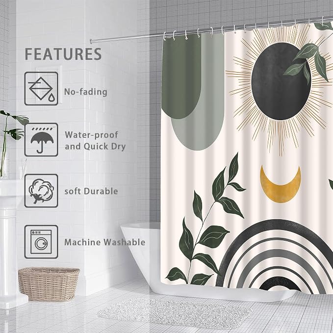Mid Century Abstract Boho Aesthetic Shower Curtain Set, Gray Nature Leaf Sun Modern Minimalist Home Bathroom Curtain Decor with 12 Hooks 72 Inch Wide * 84 Inch High Grey