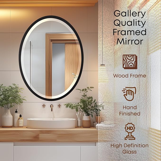OVALCREST - Oval Wooden Beveled Wall Mirror for Home Decor, Bathroom, Vanity, Bedroom, Living Room, Hallway - London Style (Matte Black) 29.1 x 23.1