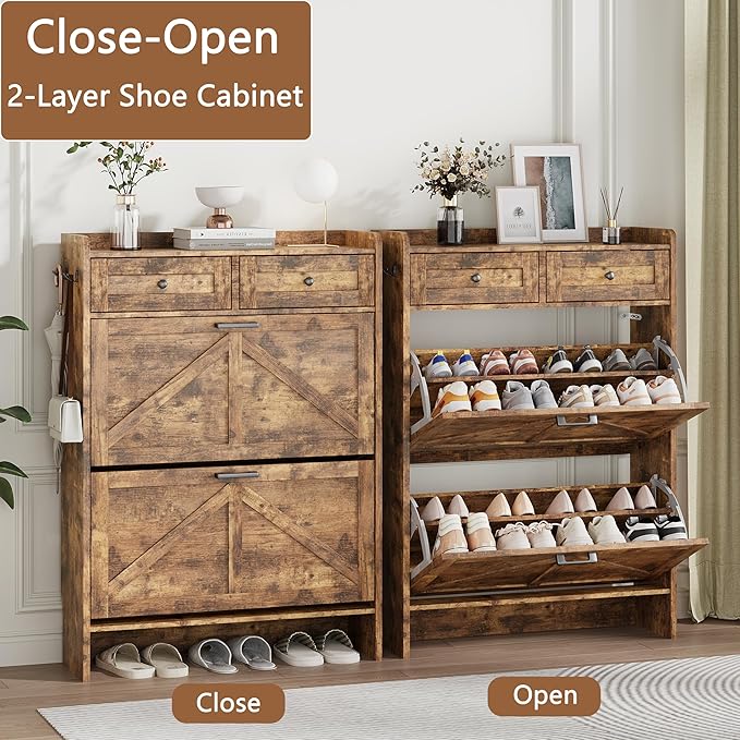 Shoe Cabinet with 2 Flip Drawers & 2 Top Drawers, 43" Tall Freestanding Narrow Wooden Shoe Storage Organizer for Entryway, Hidden Slim Shoe Rack for Front Door Entrance, Hallway, Living Room, Brown