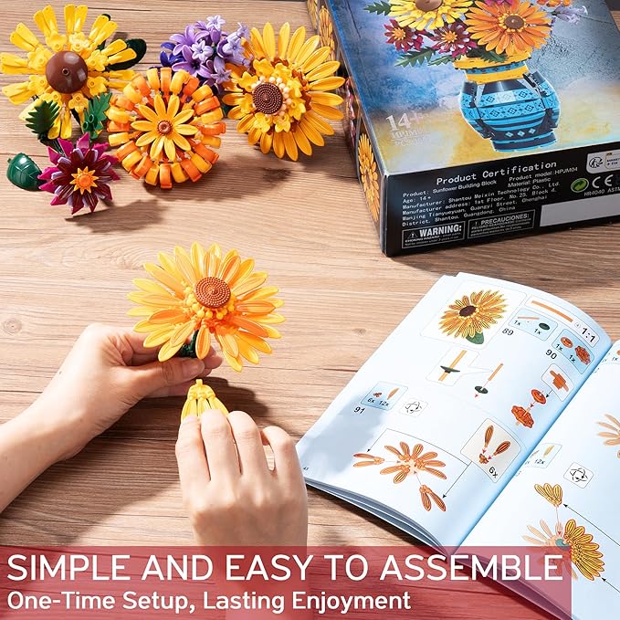 Sunflower Building Blocks with Vase Set for Adults, Christmas Artificial Flower Bouquet Botanical Collection Bricks Anniversary Birthday Gifts for Her Women Men Mom Wife Grandma Home Decor -1065 PCS