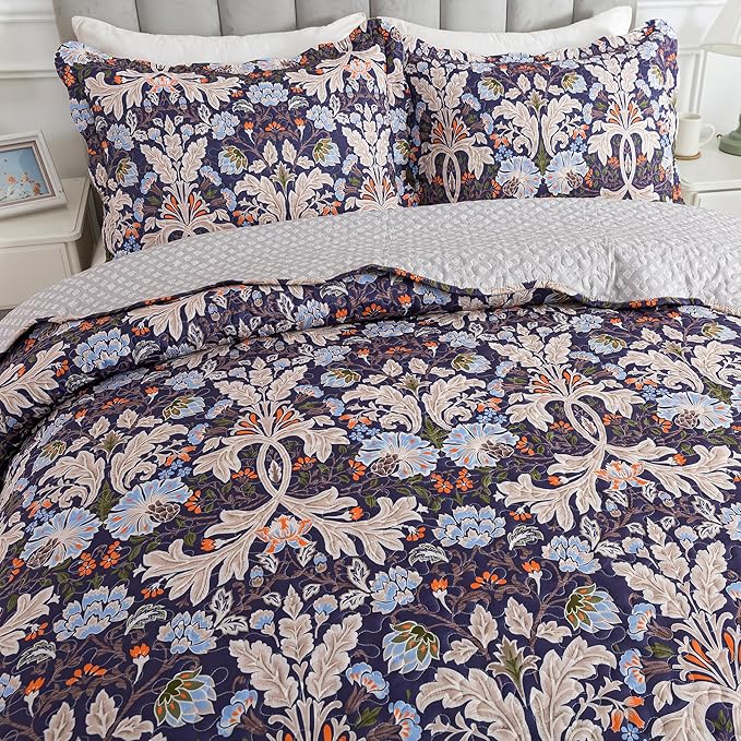 HoneiLife Quilt Set King Size - Microfiber Bedspread 3-Piece,Reversible Coverlet Lightweight Bedcover King Quilt Bedding Sets-Navy