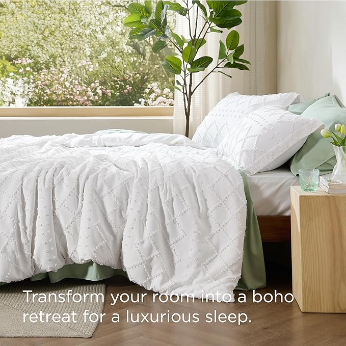 Bedsure Boho Cal King Duvet Cover - White Breathable & Soft Boho Bedding, Machine Washable Comforter Cover for All Seasons, Includes 1 Duvet Cover 104"x98" with 2 Pillow Shams & Zipper Closure