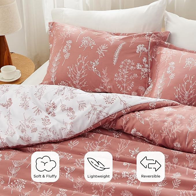 Bedsure Twin/Twin XL Comforter Set - Grayish Pink Bed Set, 2 Pieces Cute Floral Bedding, 1 Soft Reversible Botanical Flowers Comforter and 1 Pillow Sham