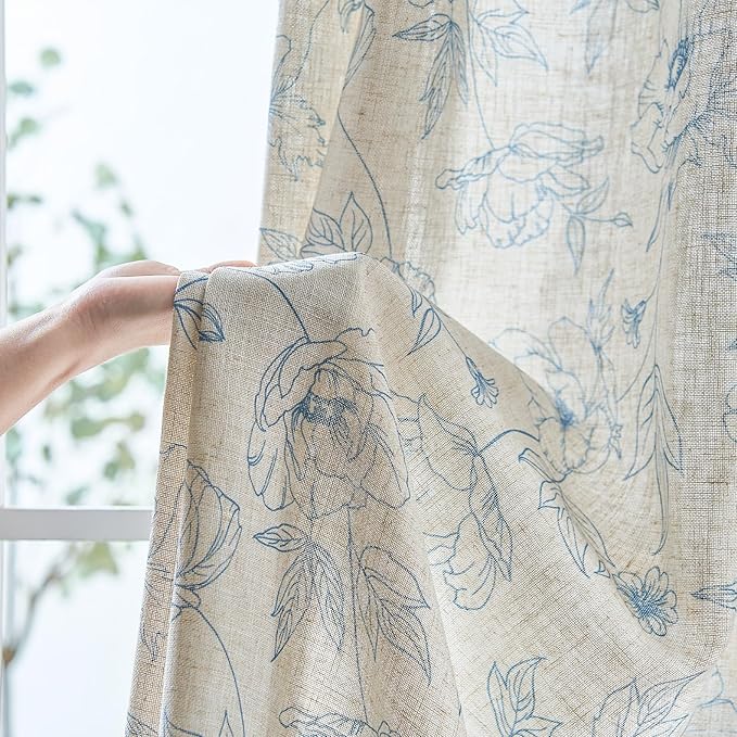 jinchan Floral Linen Curtains for Living Room 84 Inch Length Blue Flower Curtain Rod Pocket Back Tab Farmhouse Curtains with Printed Floral Bedroom Window Curtain Set, 2 Panels Blue