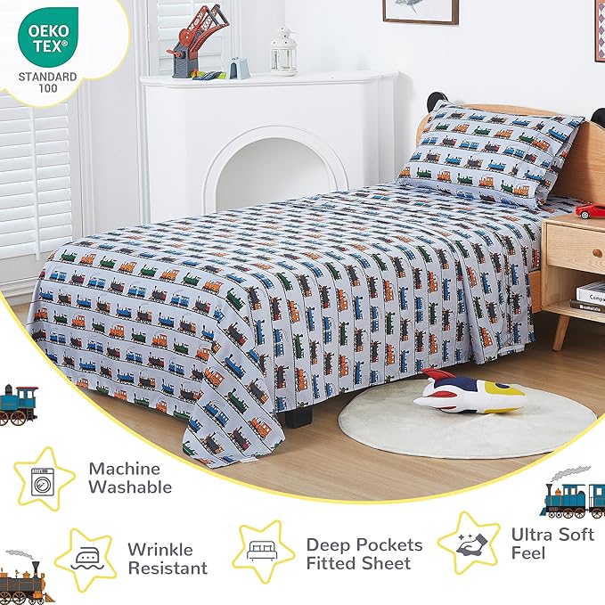 Viviland 4 Pieces Boys Grey Full Sheet Set - Soft Microfiber Fitted Flat Sheets & Pillowcases - Retro Train Print Bedding Sets- for Kids & Toddlers