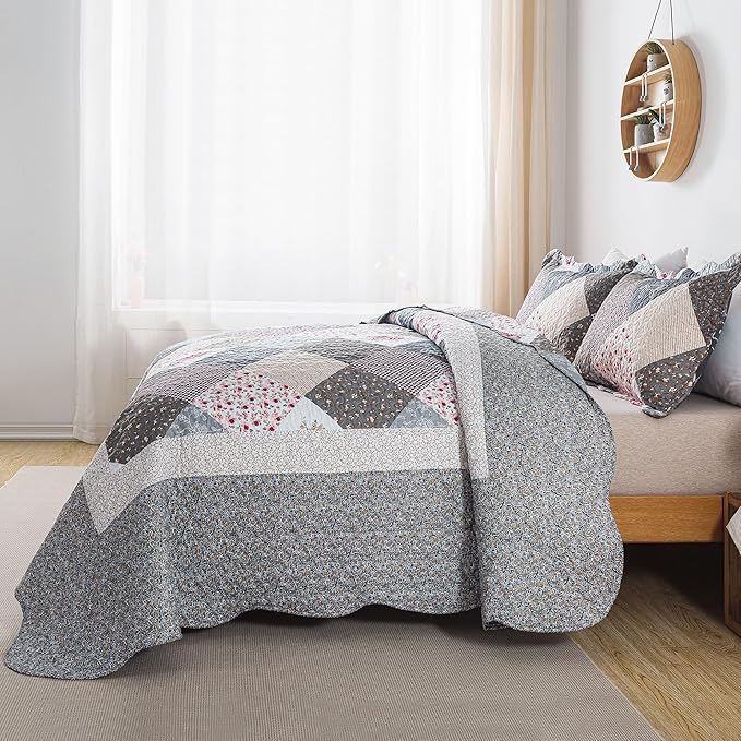 HoneiLife King Quilt Bedding Set - 3 Pieces Microfiber Quilt Sets Lightweight Bedspreads Reversible Coverlets Retro Bed Cover Quilt King Size All Season Quilts-Grey