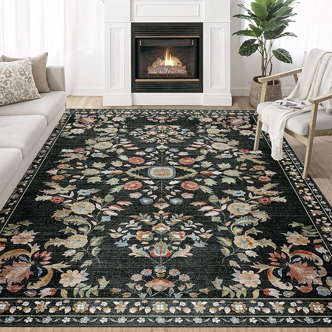 MUJOO 5x7 Area Rugs Washable,Black Floral Rugs for Living Room Bedroom Dining Room Playroom,Boho Indoor Floor Rug Large Non Slip Throw Carpet Low Pile Vintage
