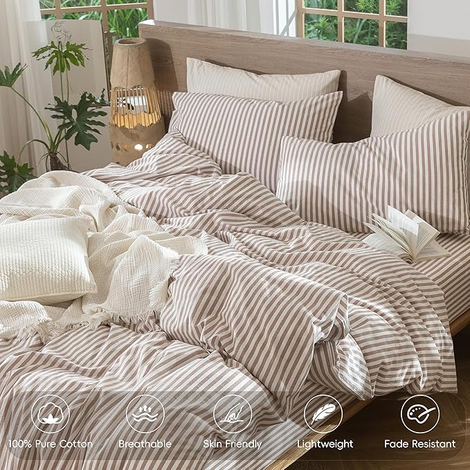 MooMee Striped Duvet Cover Set 100% Washed Cotton Linen Like Textured Breathable Durable Soft Comfy (Orange Classic Stripes, Oversized Queen 98"x98")