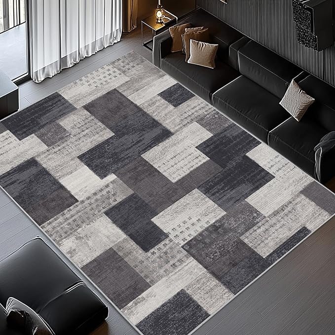 Modern Geometric Patchwork Indoor Area Rug for Living Room, Charcoal 4'x 6' Large Rug Rockwood Collection Hardwood Floors Decor for Bedroom, Grey Throw Carpet for Office Entryway Dining Room