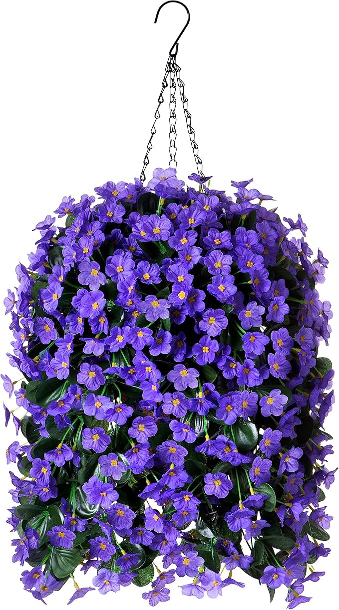 Artificial Fake Outdoor Hanging Flowers Plants Basket for Outside Porch Decoration, Fake Silk Purple Daisy Flower UV Resistant Look Real Orchid Traing Vines for Home Balcony Yard Patio Garden Decor