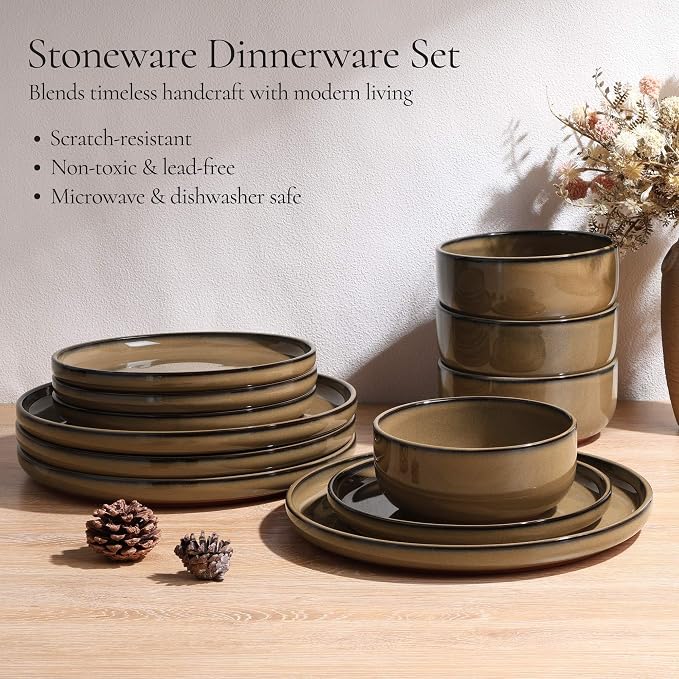 E-far Stoneware Dinnerware Sets for 8, 24 Pieces Reactive Glaze Plates and Bowls Sets, Elegant Dishes with Rustic Terracotta Clay Base, Dishwasher & Microwave Safe, Scratch Resistant, Desert Camel