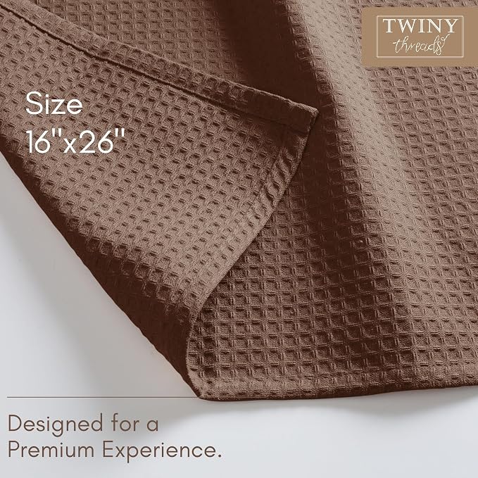 TWINY threads Dish Towel Waffle Texture, Pack of 4, 16x26 Inches, Large 100% Cotton Kitchen Linen Set, Absorbent Cloths for Drying Dishes and Cookware, Quick Drying, Machine Washable, Brown