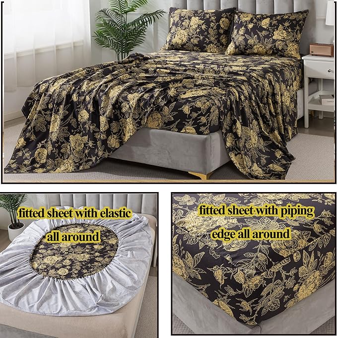 FADFAY Rose Sheets Set Full Vintage Black Gold Floral Bedding Shabby Peony Botanical Sheets Luxury Farmhouse Bedding 800 Thread Count 100% Egyptian Cotton Deep Pocket Fitted Sheet 4Pcs, Full Size