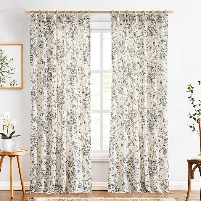 jinchan Pinch Pleated Curtains Floral Linen Blend Curtains for Living Room 90 Inches Length Black Peony Flower Printed Curtain Rod Pocket Back Tab Farmhouse Pinch Pleat Drapes with Hooks Set 2 Panels