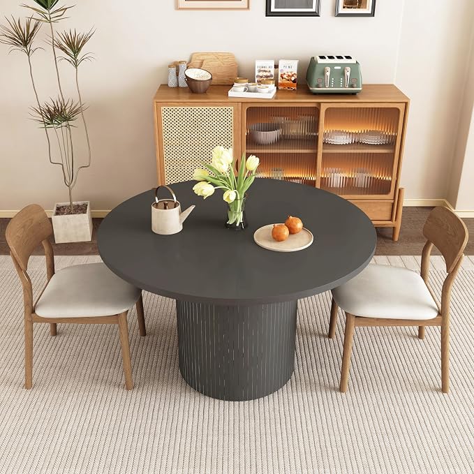 weselon Round Dining Table for 4, Modern Farmhouse Kitchen Table, 47 Inch Small Circle Dining Tables with Wood Strip Base for Kitchen Living Room (Black)