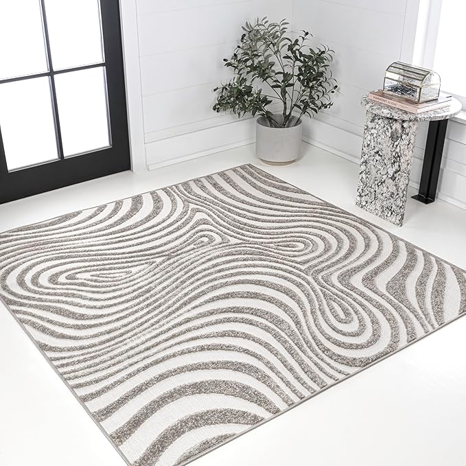 JONATHAN Y Maribo High-Low Abstract Striped Gray/Ivory 7x7 Square Indoor/Outdoor Area Rug, Pet Friendly, Non-Shedding, Stain Resistant, Easy-Cleaning for Backyard, Patio, Porch (SCN103B-7SQ)