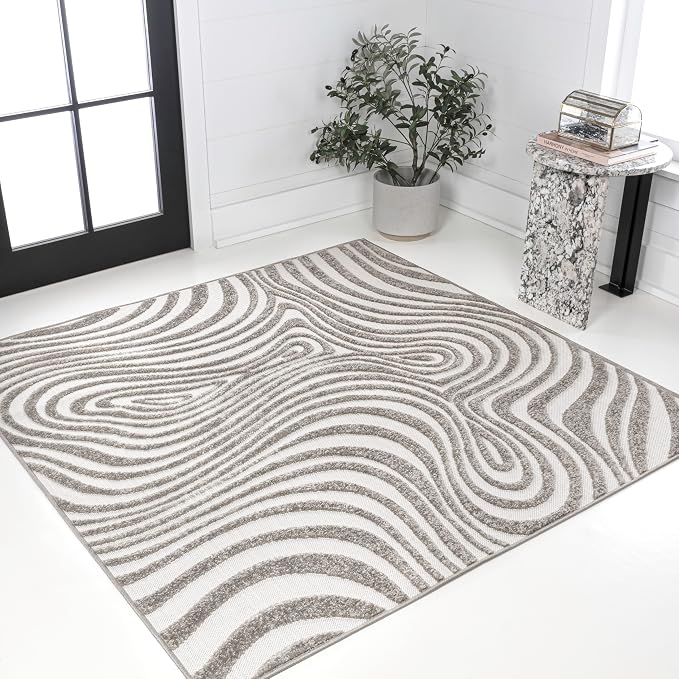 JONATHAN Y Maribo High-Low Abstract Striped Gray/Ivory 9x9 Square Indoor/Outdoor Area Rug, Pet Friendly, Non-Shedding, Stain Resistant, Easy-Cleaning for Backyard, Patio, Porch (SCN103B-9SQ)