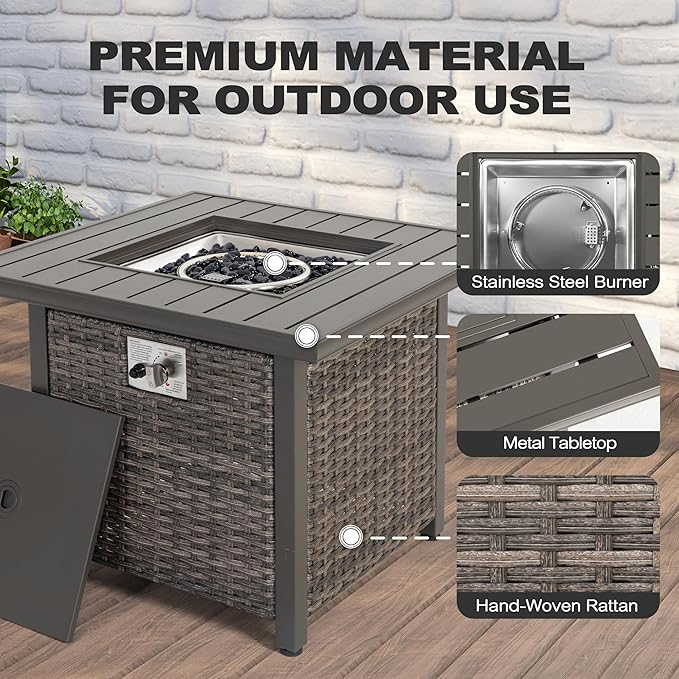 Nuu Garden Propane Fire Pit Table, CSA Certified 30 Inch 50,000 BTU Outdoor Propane Gas Cabinet Square Fire Pit Table, Iron Tabletop, Rattan and Iron Frame, with Lid and Fire Glass Beads, Black