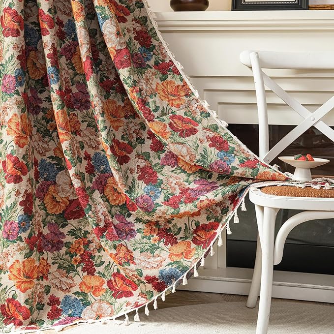 ENJOYBRIDAL Floral Curtains 84 Inches Long Semi Sheer Floor Length Drapes Bedroom Rod Pocket Jacquard 2 Panels Window Curtains Farmhouse Boho Tassel Patterned Living Room Botanical Window Treatments