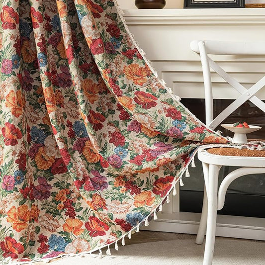 ENJOYBRIDAL Floral Curtains 84 Inches Long Semi Sheer Floor Length Drapes Bedroom Rod Pocket Jacquard 2 Panels Window Curtains Farmhouse Boho Tassel Patterned Living Room Botanical Window Treatments