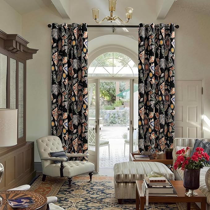 XiDi Black Dark Floral Curtains 102 Inches Long 2 Panels 100% Blackout Patterned Curtains Thermal Insulated Luxury Vintage Flower Botanical Printed Drapes Grommet for Living Room Bedroom Decor 52x102
