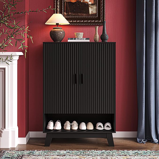 BOXACTION 4-Tier Fluted Shoe Cabinet with 2 Doors & Open Shelf, Mid Century Modern Shoe Storage Organizer with Adjustable Shelves, Metal Handles & Wood Legs, Hidden Shoe Rack for Entryway, Hallway