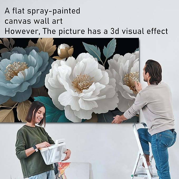 Tarfupth Large White Flower Canvas Wall Art for Bedroom Teal Botanical Gold Artwork for Living Room Office Kitchen Home Modern Canvas Prints 29x58 Inch