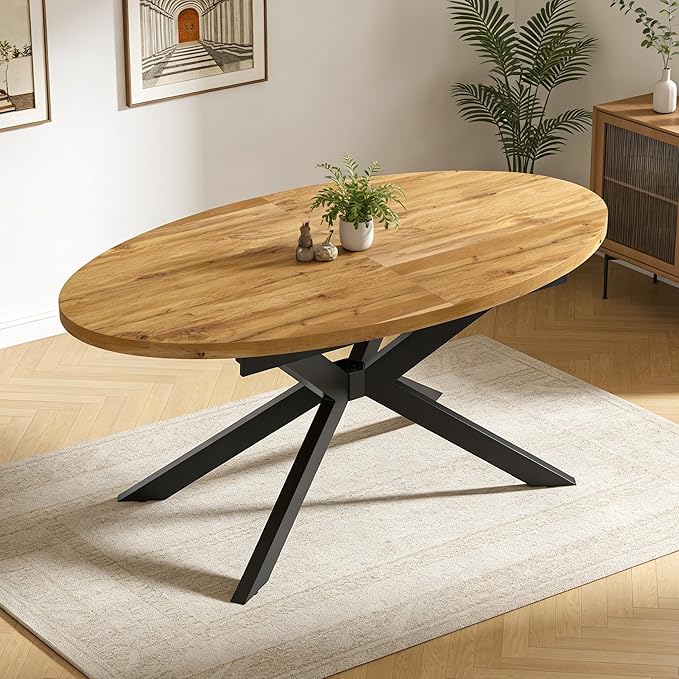 63"-78.7" Extendable Round Dining Table for 4-6 People, Mid Century Modern Oval Kitchen & Dining Room Table with Metal Frame, Large Folding Dining Table for Dining Living Room Space Saving, Walnut