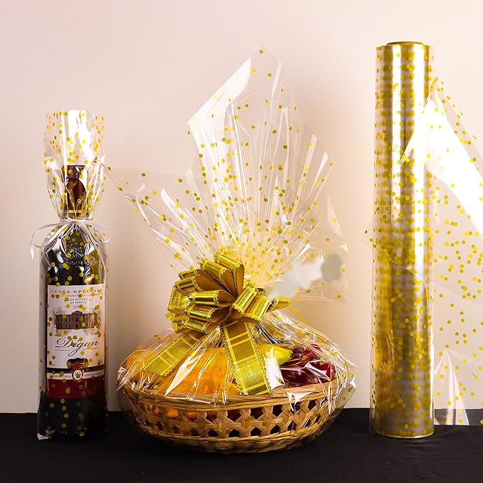 CMFYHM Clear Cellophane Wrap Roll(34" x 120’Ft) 3Mil Gold Polka Dot Cellophane, Cellophane Gift Wrap Roll, Cellophane Wrap for Gifts, Baskets, Flowers, Party Decorations