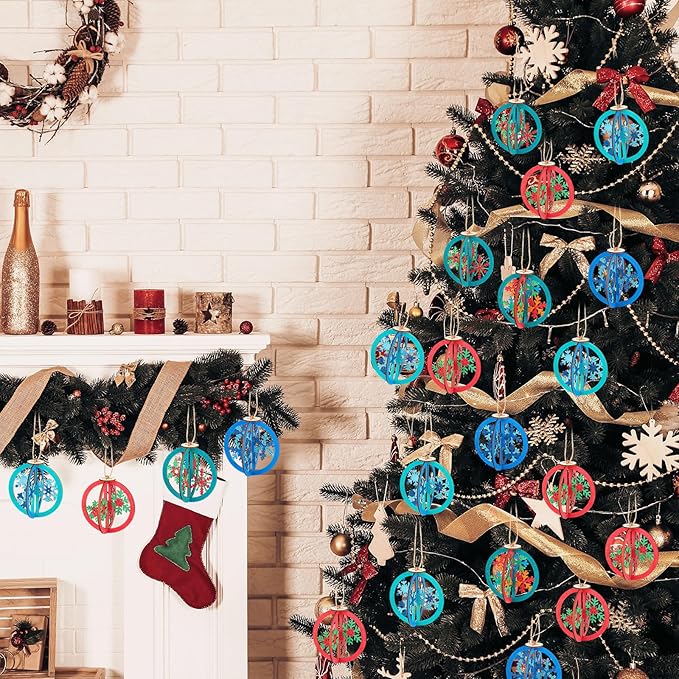 Chunful 24 Pcs DIY Christmas Wooden Ornaments 3D Unfinished Wood Crafts to Paint Christmas Hanging Cutouts Blank Hollow Wood Santa Reindeer Snowman Slice for Xmas Tree Decorations(Snowflake)