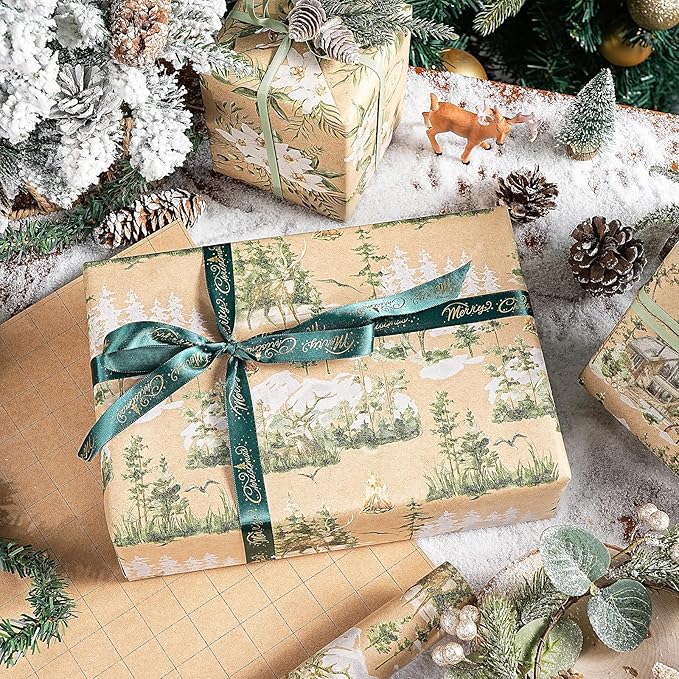 RUSPEPA Christmas Wrapping Paper Set, Jumbo Roll, Vintage Reindeer, Cabin, Bear and White Flower Design, Kraft Gift Wrap for Christmas, Holiday, Rustic Wedding, 4 Rolls, 30 inches x 10 feet per Roll