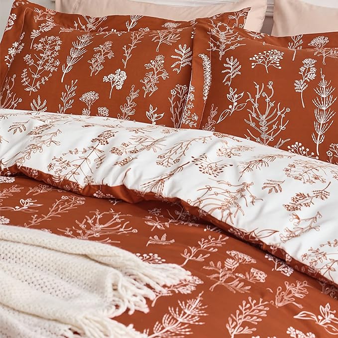 Bedsure Queen Comforter Set - Terracotta Bed Set, 3 Pieces Cute Floral Bedding, 1 Soft Reversible Botanical Flowers Comforter and 2 Pillow Shams