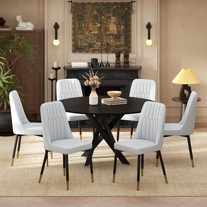 RGZ Mid Century Black Round Dining Table Set for 6, 47" Large Wooden Circle Kitchen Table & 6 Light Gray PU Leather Kitchen Chairs, Dinner Table Set for Home, Apartment, Dining Room