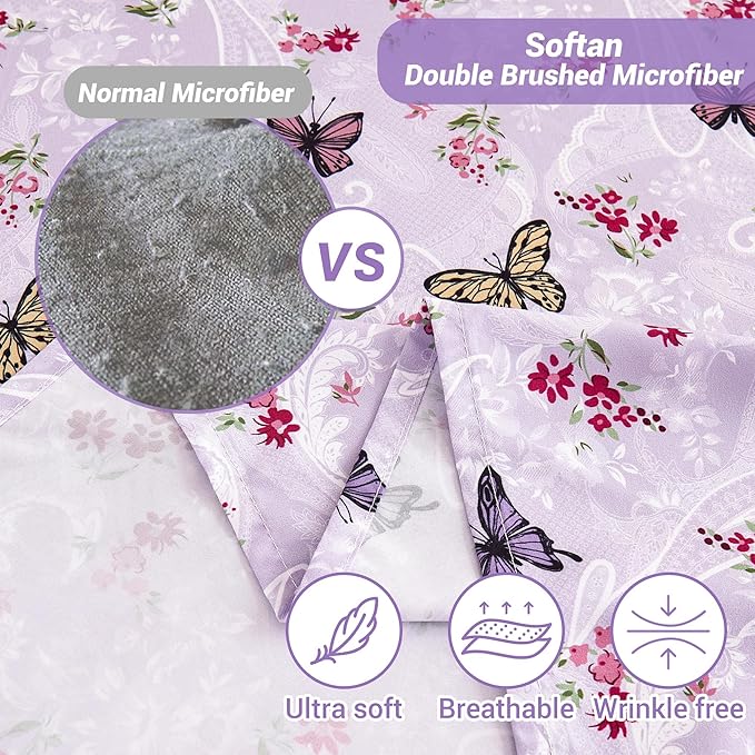 Softan Floral King Bed Sheets, Purple Paisley Flower Printed Sheet Set - Brushed Microfiber King Fitted Sheet with 15" Deep Pocket and Corner Straps, Butterfly Patterned Sheet & Pillowcase Sets