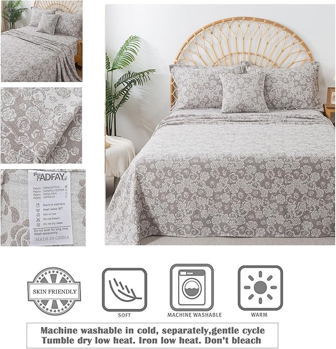 FADFAY Rose Sheets Set King Vintage Curry Floral Bedding Shabby Farmhouse Bedding Super Soft Washed Double -Layer Muslin Sheets Luxury 100% Cotton Breathable Deep Pocket Fitted Sheet 4Pcs, King Size