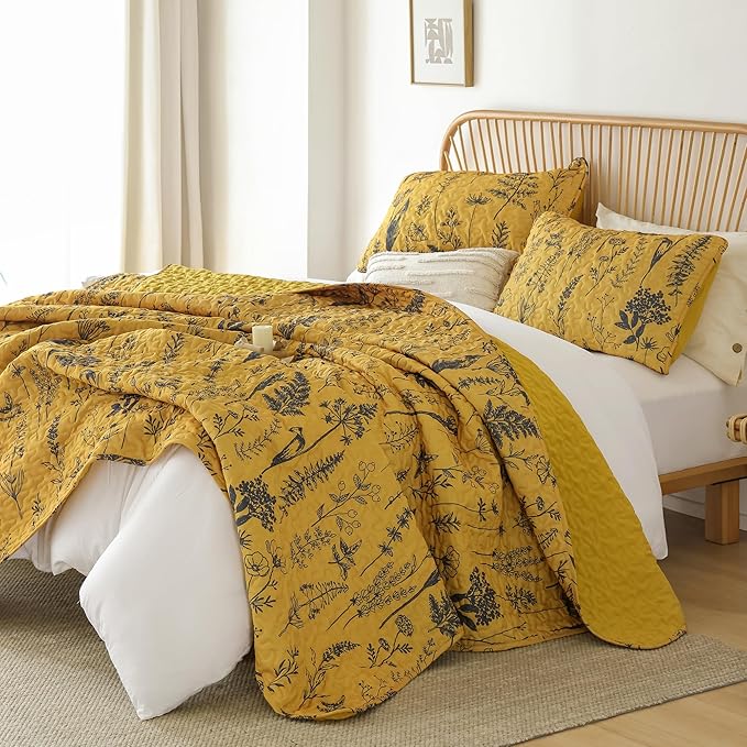 JANZAA King Size Ginger Quilt Bed Spread Boho Quilt Set 3 Pieces Lightweight Comforter Reversible Bedding Set, 1 Quilt 104x90 inches, 2 Pillowcases